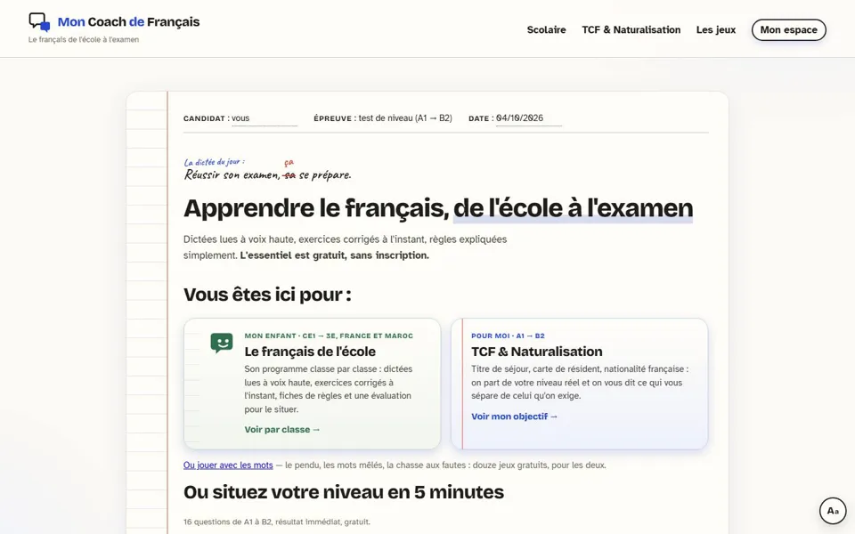 Page d'accueil de Mon Coach de Français