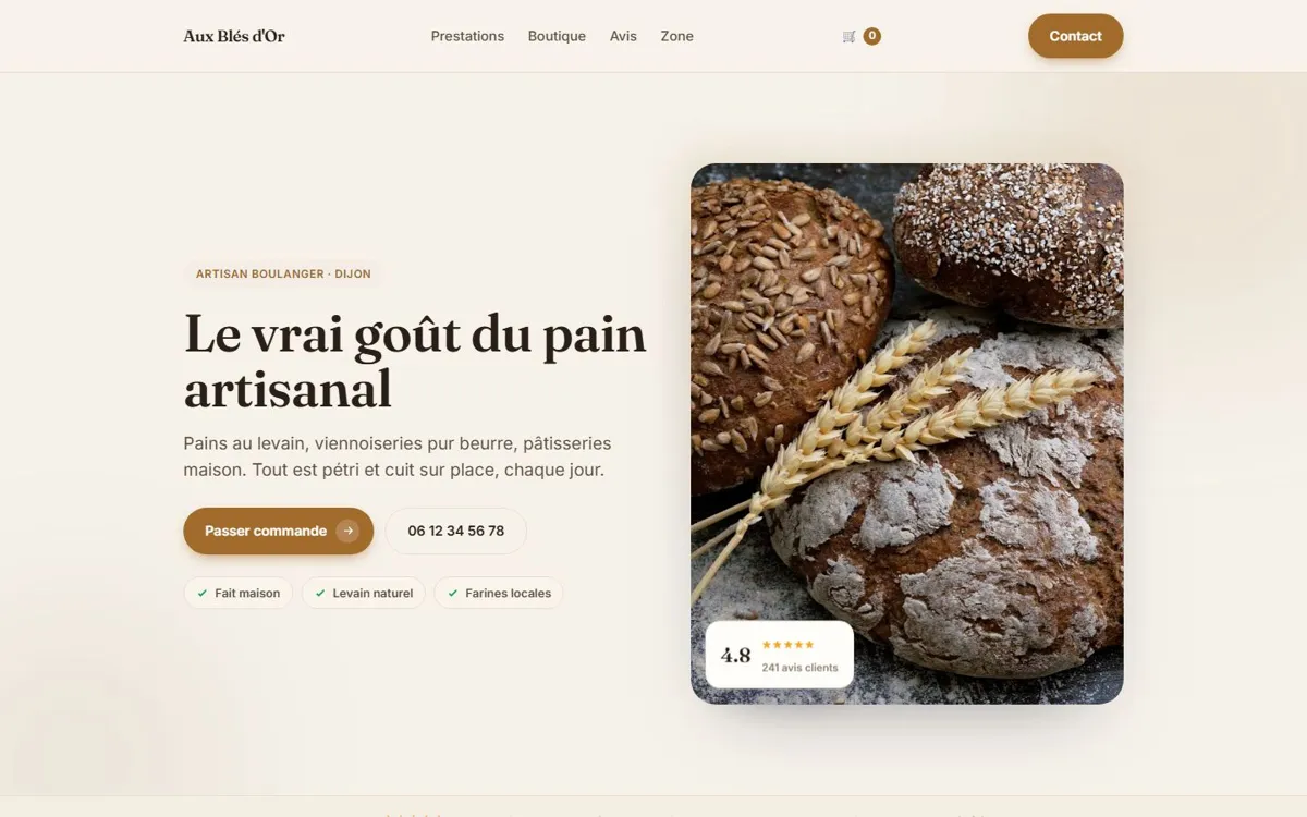 Exemple de site pour boulangerie, style artisan