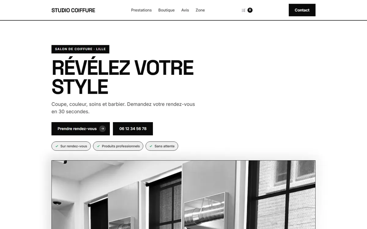 Exemple de site pour coiffeur, style éditorial