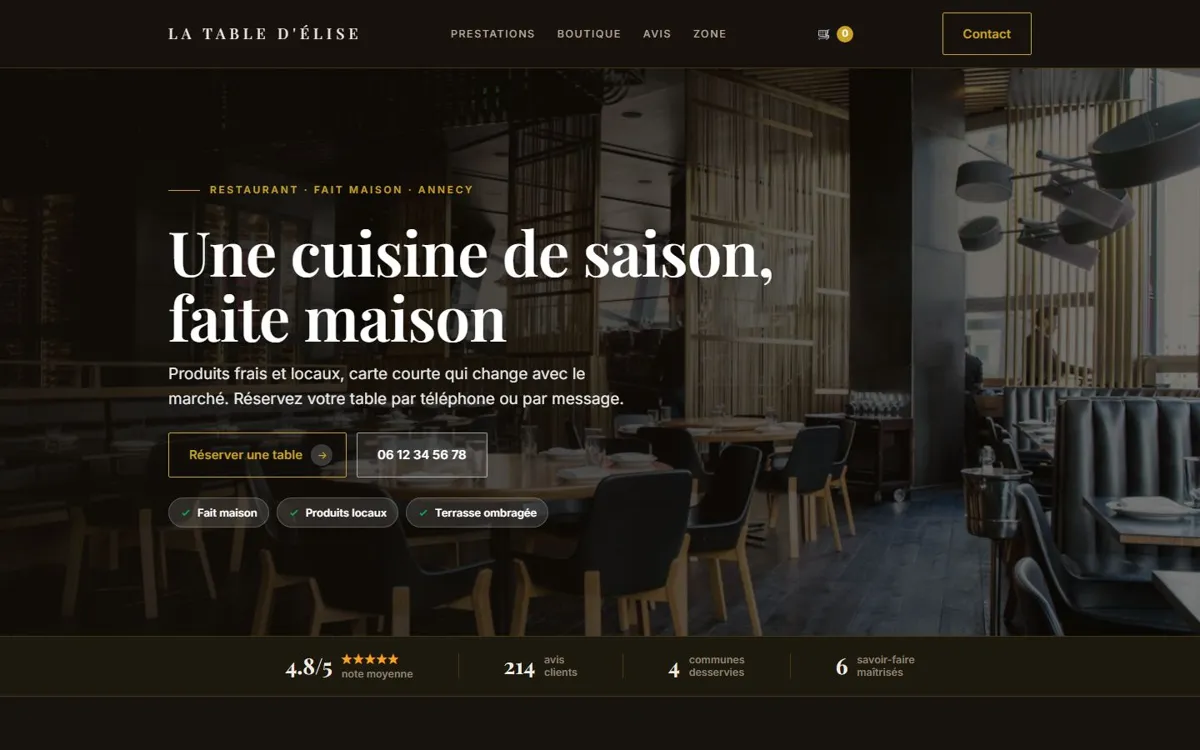 Exemple de site pour restaurant, style élégant